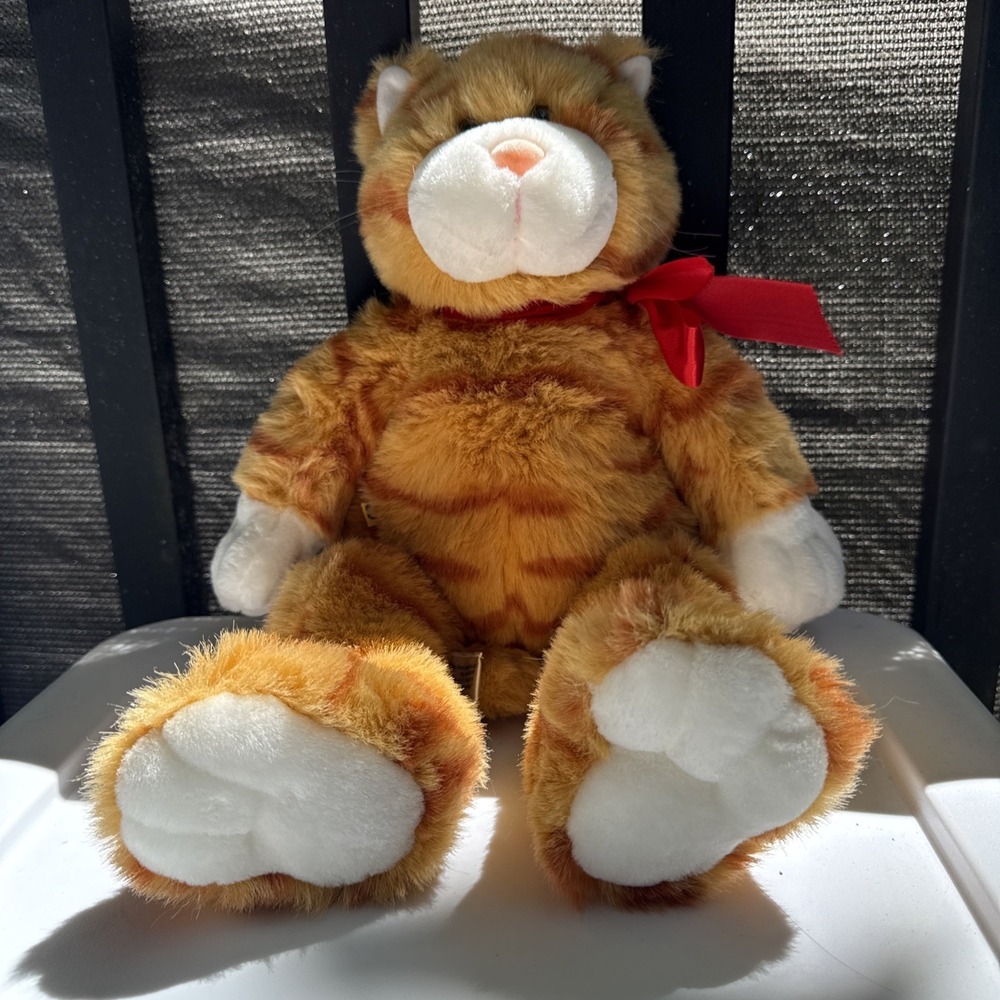Build A Bear Retired Cat Plush Orange Striped Tabby Kitty 18" Brown Eyes Red Bow - Picture 7 of 7